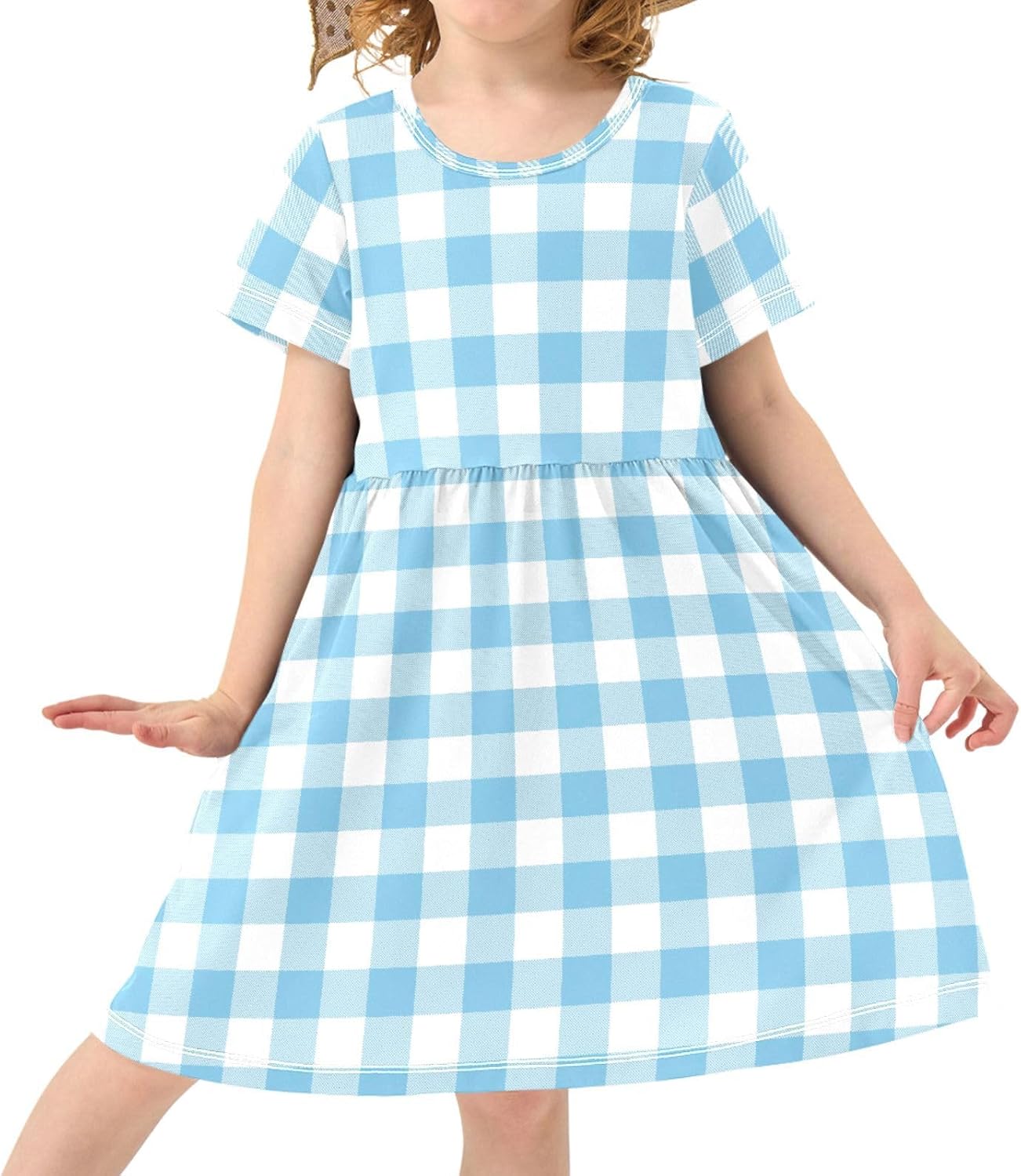 Pigsaly Girls Short Sleeve Dress Sky Blue Tartan Check Plaid Girls Summer Dress Buffalo Checkered Playwear Dresses 2T - TrendyLookz