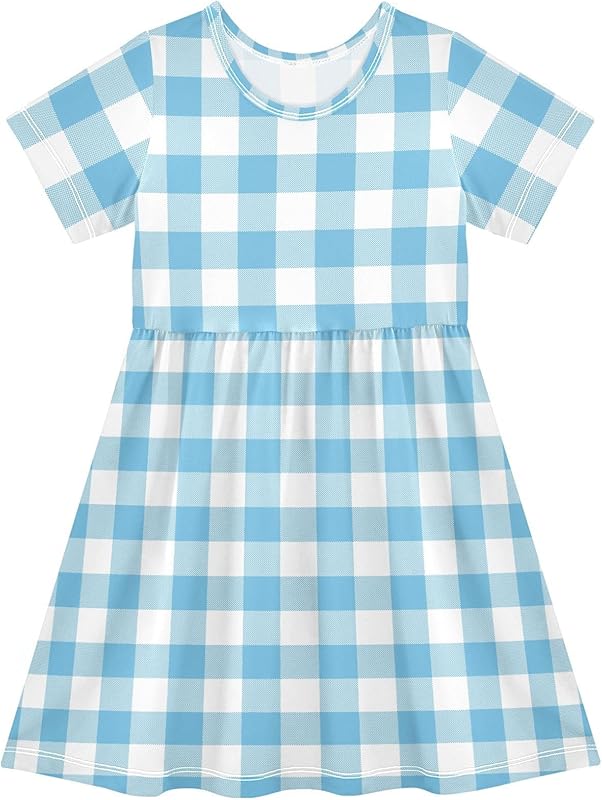 Pigsaly Girls Short Sleeve Dress Sky Blue Tartan Check Plaid Girls Summer Dress Buffalo Checkered Playwear Dresses 2T - TrendyLookz
