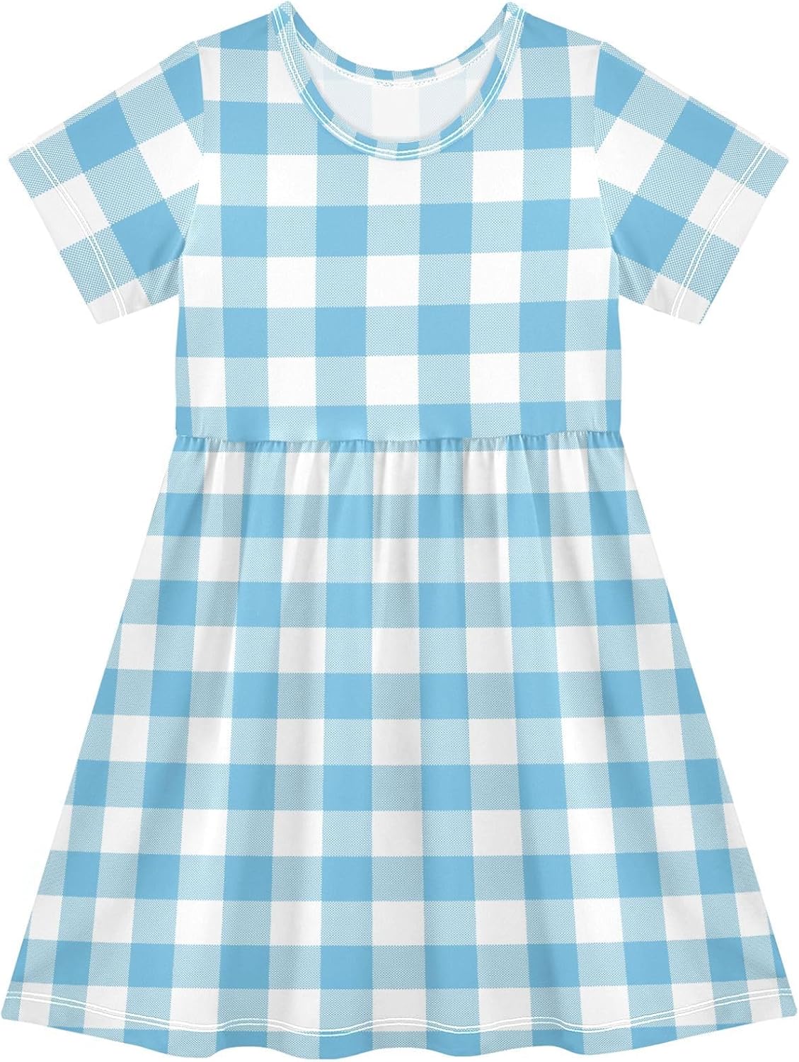 Pigsaly Girls Short Sleeve Dress Sky Blue Tartan Check Plaid Girls Summer Dress Buffalo Checkered Playwear Dresses 2T - TrendyLookz