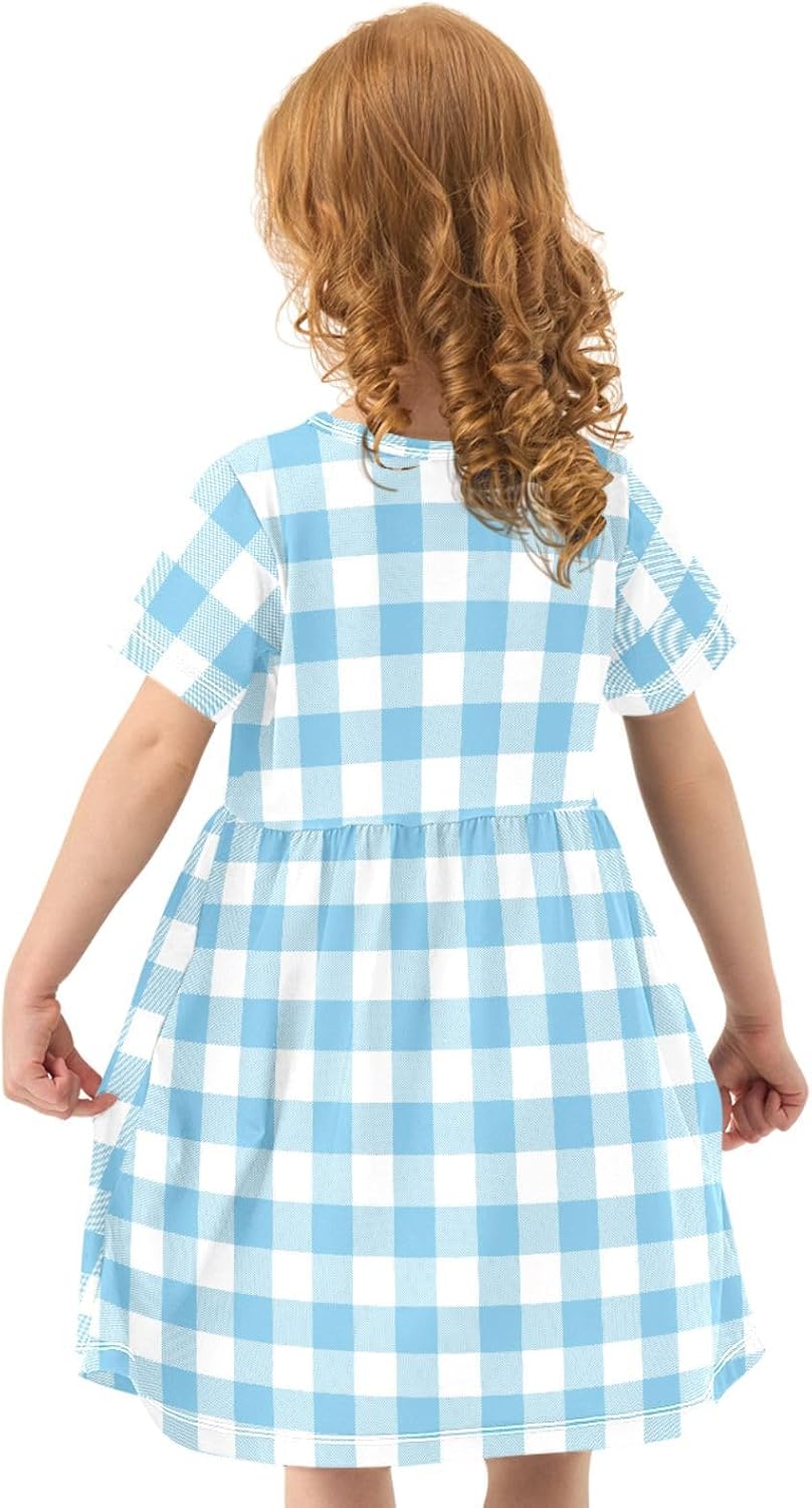 Pigsaly Girls Short Sleeve Dress Sky Blue Tartan Check Plaid Girls Summer Dress Buffalo Checkered Playwear Dresses 2T - TrendyLookz