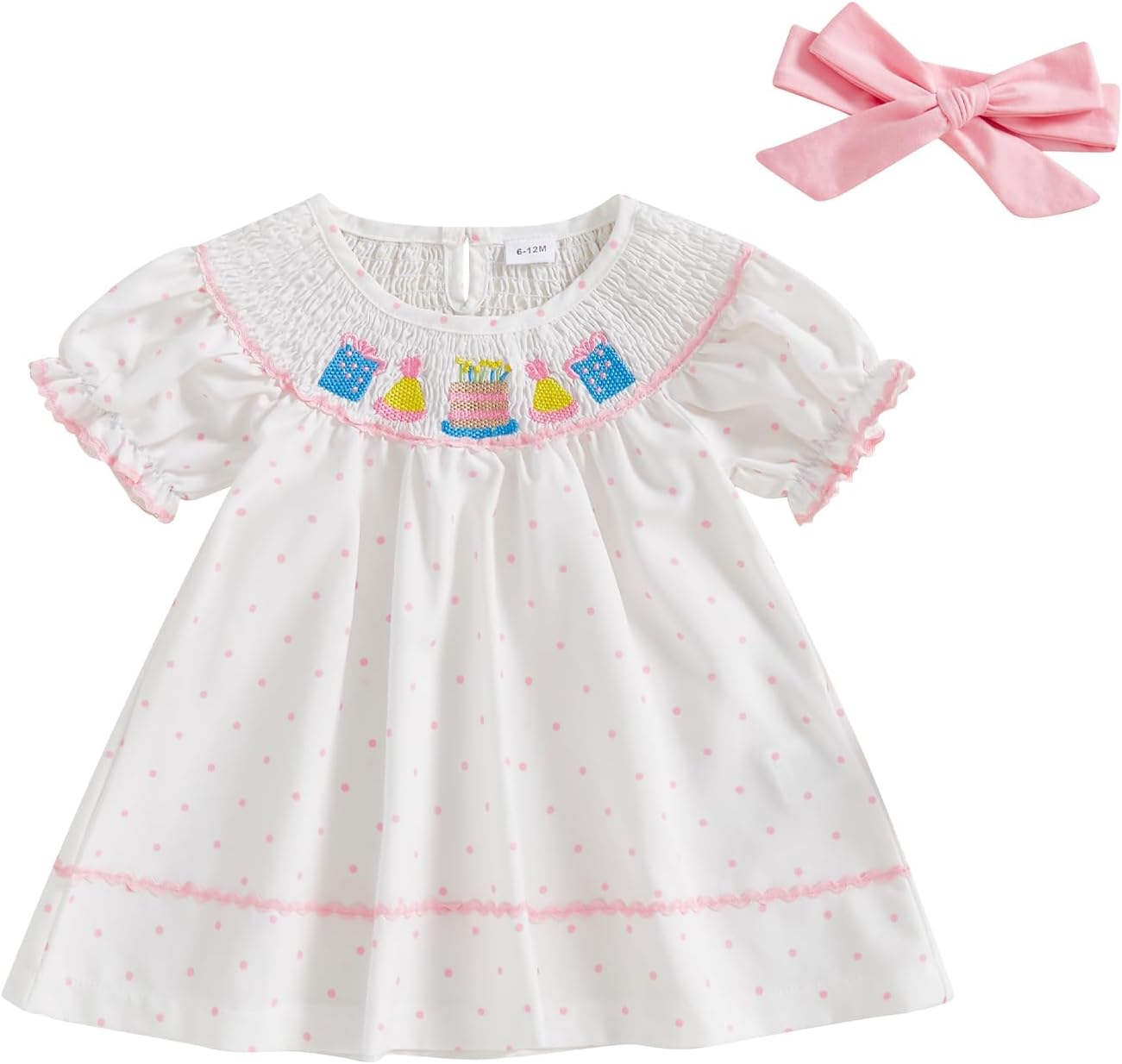 Pudcoco Toddler Baby Girls Birthday Smocked Bishop Dress Polka Dot Embroidery Short Sleeve A - line Pleated Dress - TrendyLookz
