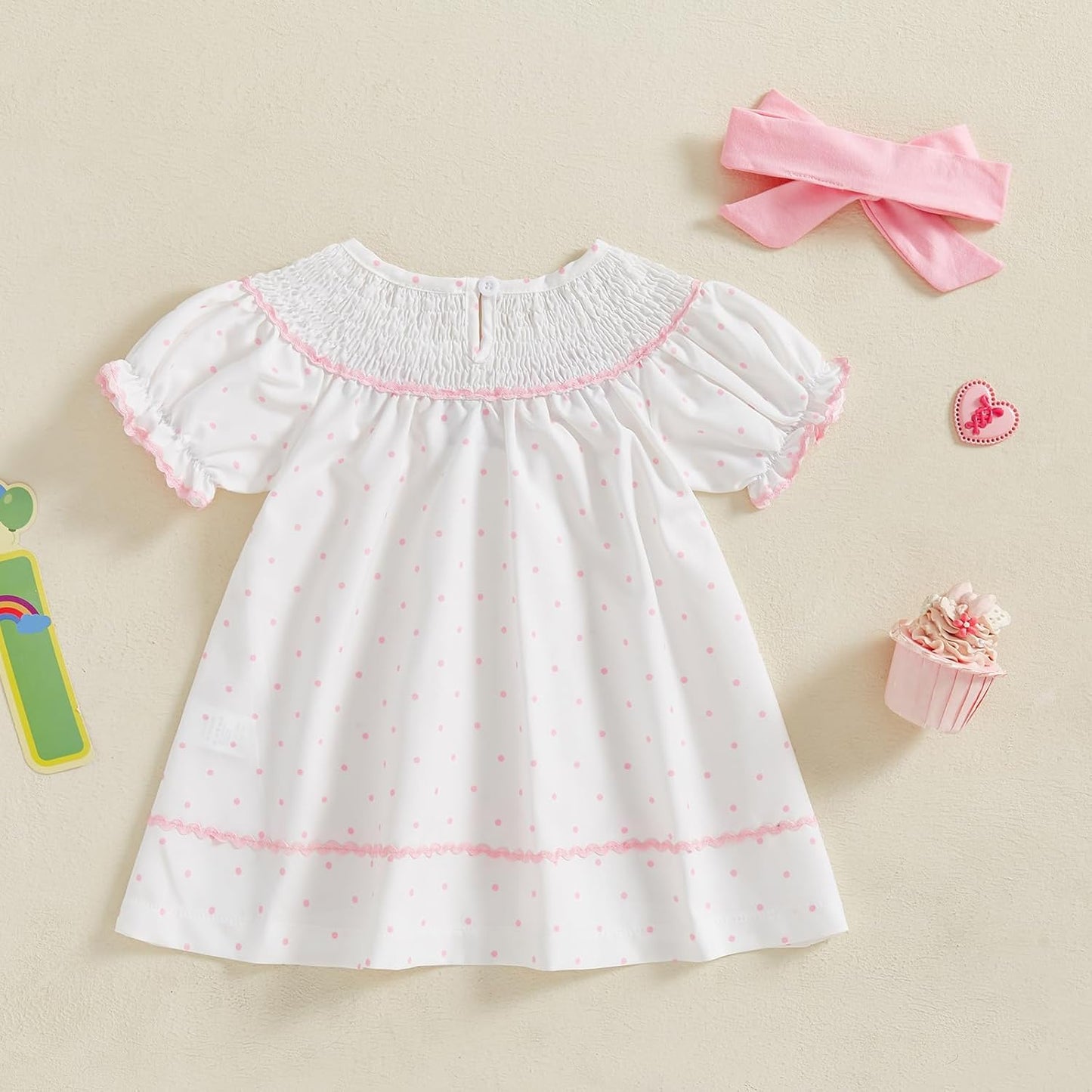 Pudcoco Toddler Baby Girls Birthday Smocked Bishop Dress Polka Dot Embroidery Short Sleeve A - line Pleated Dress - TrendyLookz