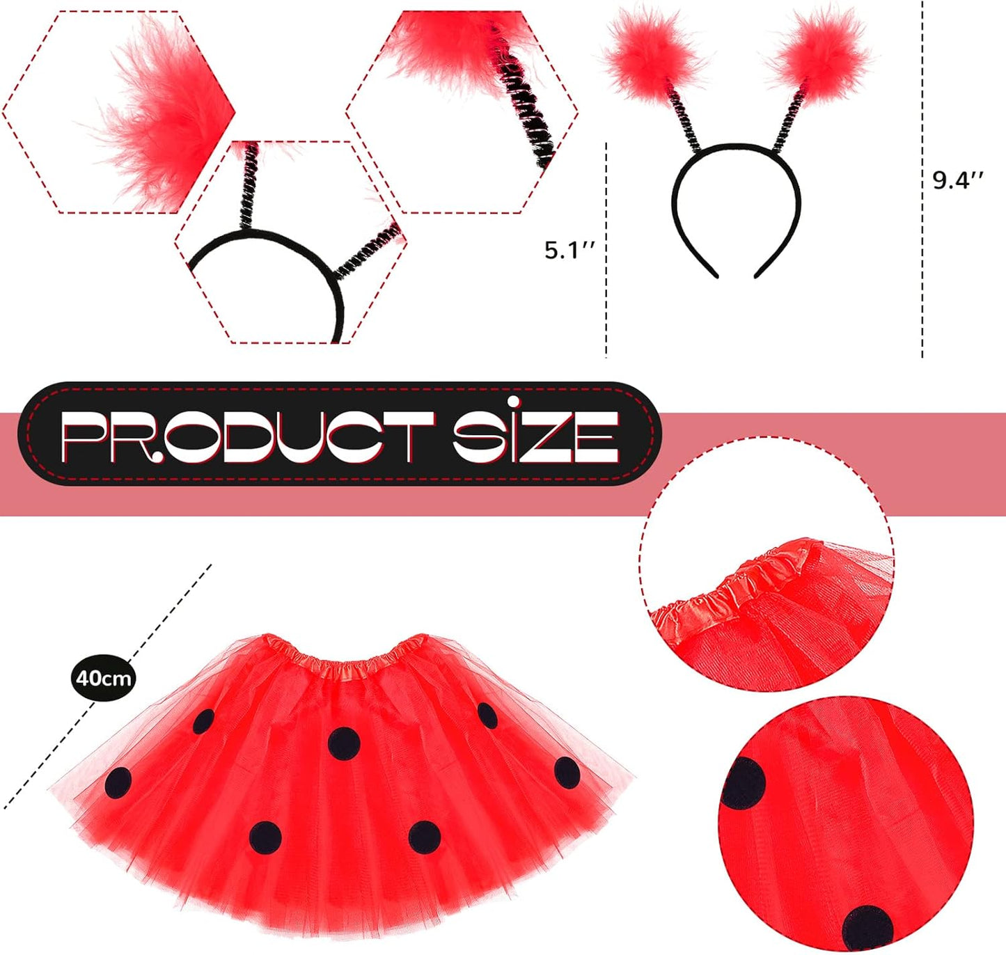 SATINIOR Ladybug Costume Accessories Tutu Skirt Ladybug Wings Antenna Headband Striped Knee Thigh High Socks Party Favor - TrendyLookz
