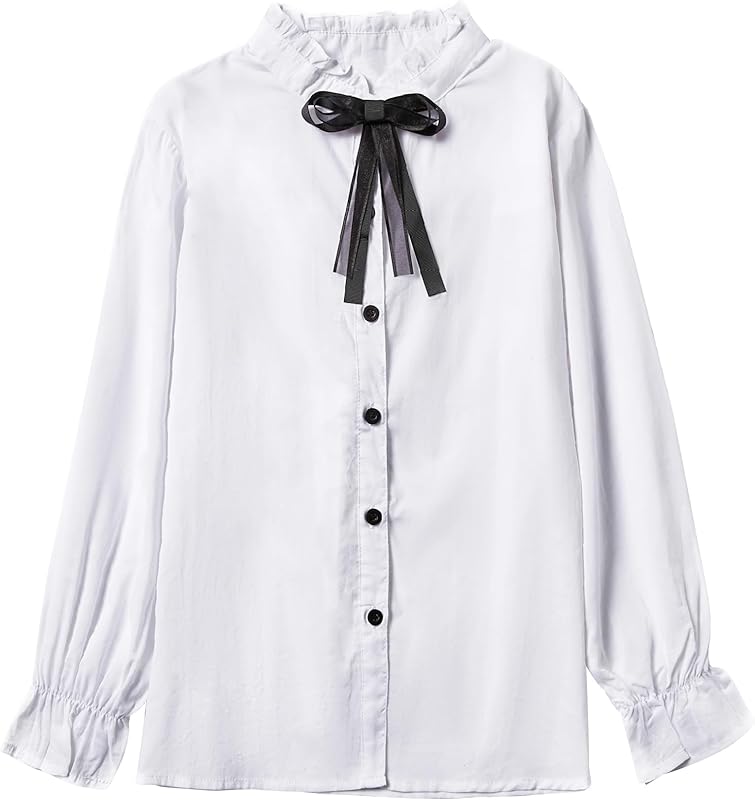 SOLOCOTE Girls White Blouse Ruffle Long Sleeve Button Down Shirts Princess Cotton Loose Soft Tops Spring and Summer 3 - 14Y - TrendyLookz