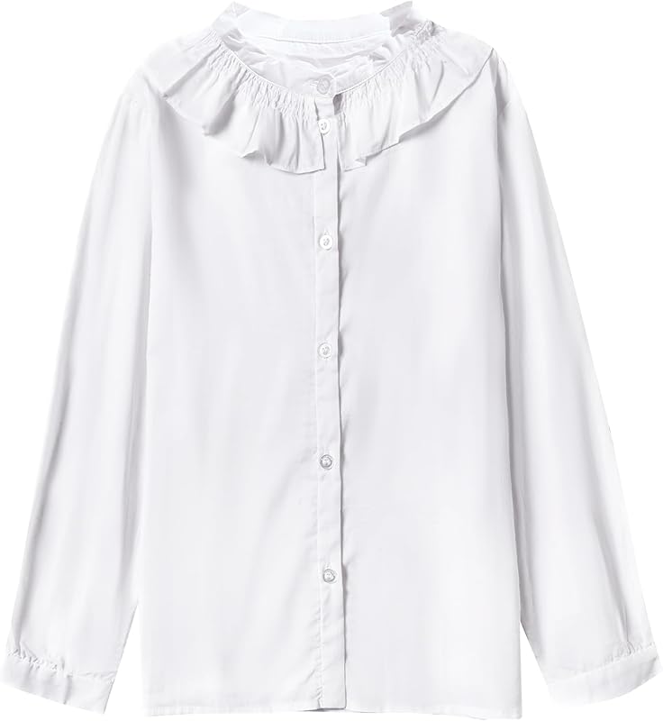 SOLOCOTE Girls White Blouse Ruffle Long Sleeve Button Down Shirts Princess Cotton Loose Soft Tops Spring and Summer 3 - 14Y - TrendyLookz
