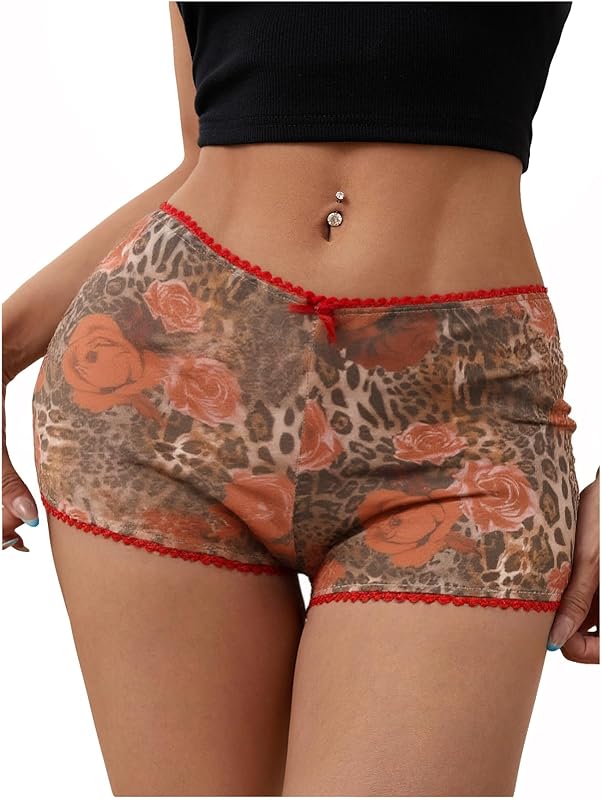 SOLY HUX Women's Y2k Lace Trim Leopard Shorts Drop Waist Skinny Mini Shorts Party Clubwear - TrendyLookz