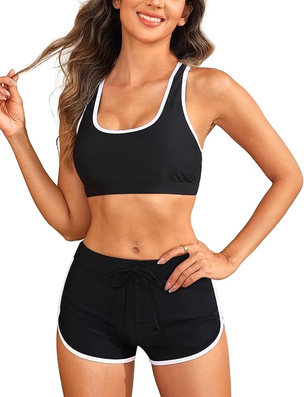 Tempt Me Women Two Piece Sports Bikini Athletic Swimsuits Racerback Crop Top with Boy Shorts Bathing Suits for Girls Vests - TrendyLookz