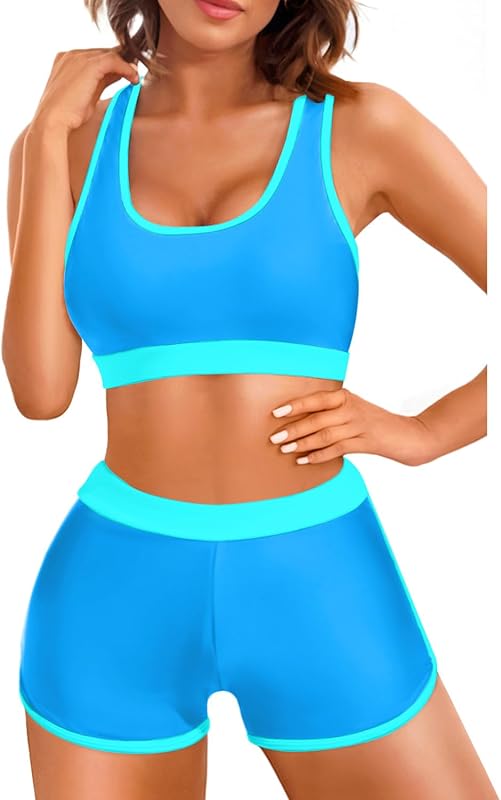Tempt Me Women Two Piece Sports Bikini Athletic Swimsuits Racerback Crop Top with Boy Shorts Bathing Suits for Girls Vests - TrendyLookz