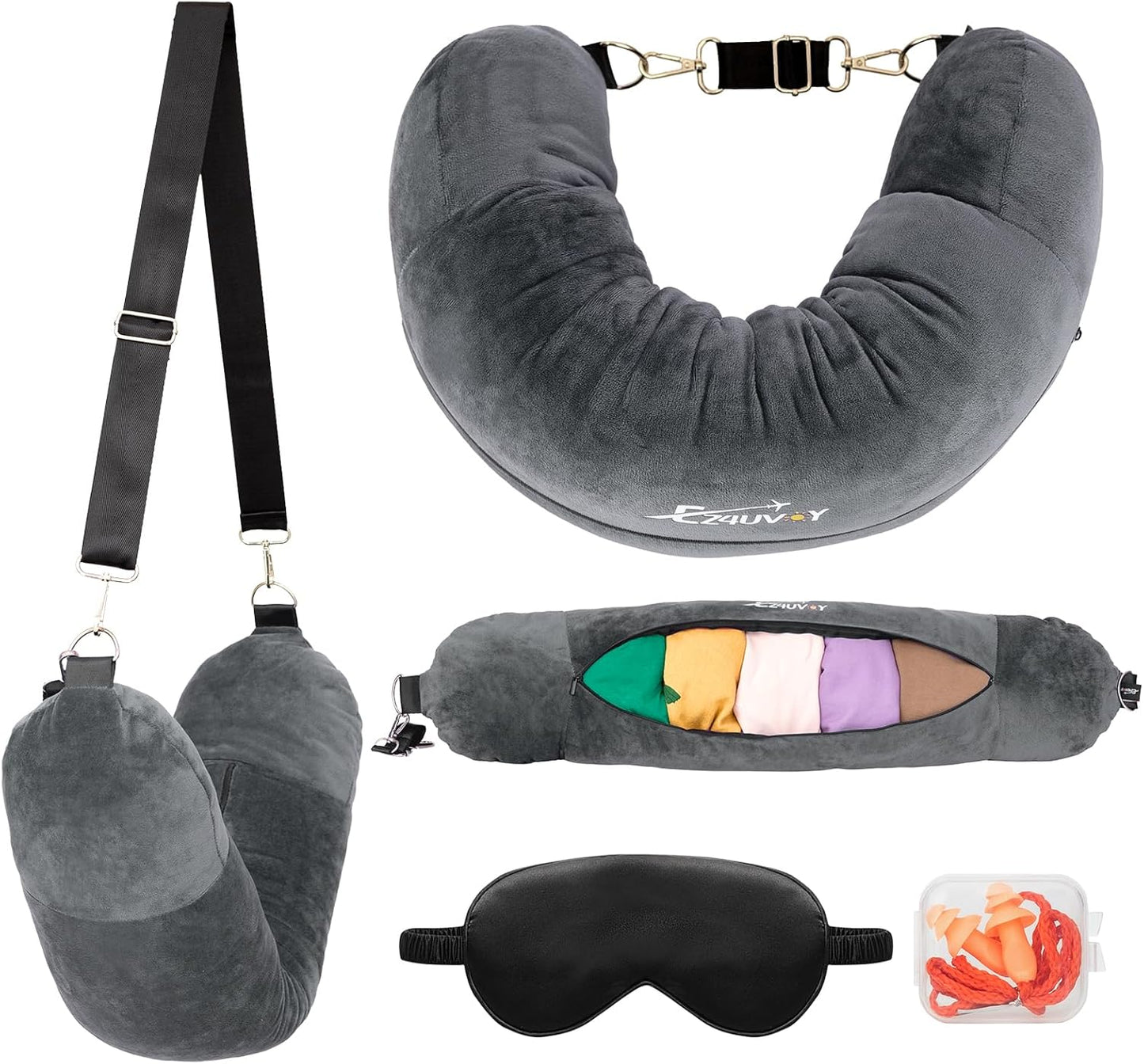 Travel Neck Pillow Stuffable with Clothes, Stuffable Neck Pillow for Travel, Packable Fillable Storage Bag for Airplane Travel, Soft Velvet Neck Pillow Case Cover - TrendyLookz