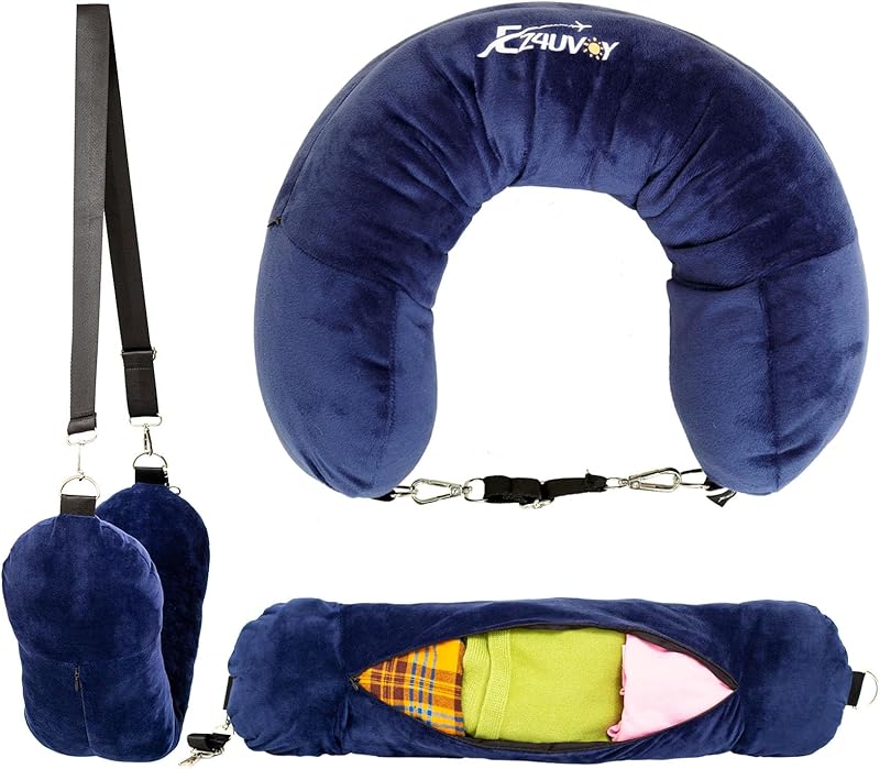Travel Neck Pillow Stuffable with Clothes, Stuffable Neck Pillow for Travel, Packable Fillable Storage Bag for Airplane Travel, Soft Velvet Neck Pillow Case Cover - TrendyLookz