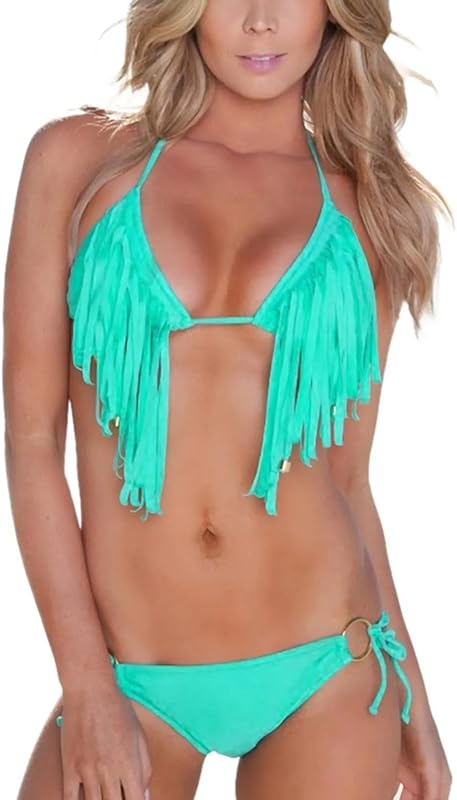 Women Sexy Swimsuit with Tassels Halter Top Low Waist Bandage Bikini Set Hanging Neck Removable Padded Bra Beach Swimwear - TrendyLookz