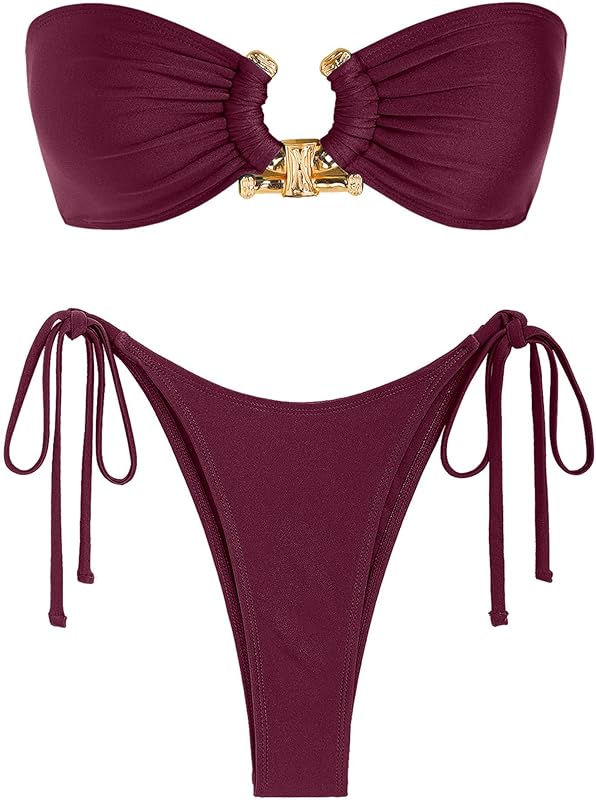 ZAFUL Metal Ring Bandeau Bikini Set Tie Side Bathing Suit High Cut 2 Piece Swimsuit Cutout Swimwear - TrendyLookz