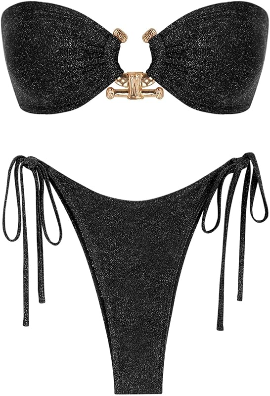 ZAFUL Metal Ring Bandeau Bikini Set Tie Side Bathing Suit High Cut 2 Piece Swimsuit Cutout Swimwear - TrendyLookz