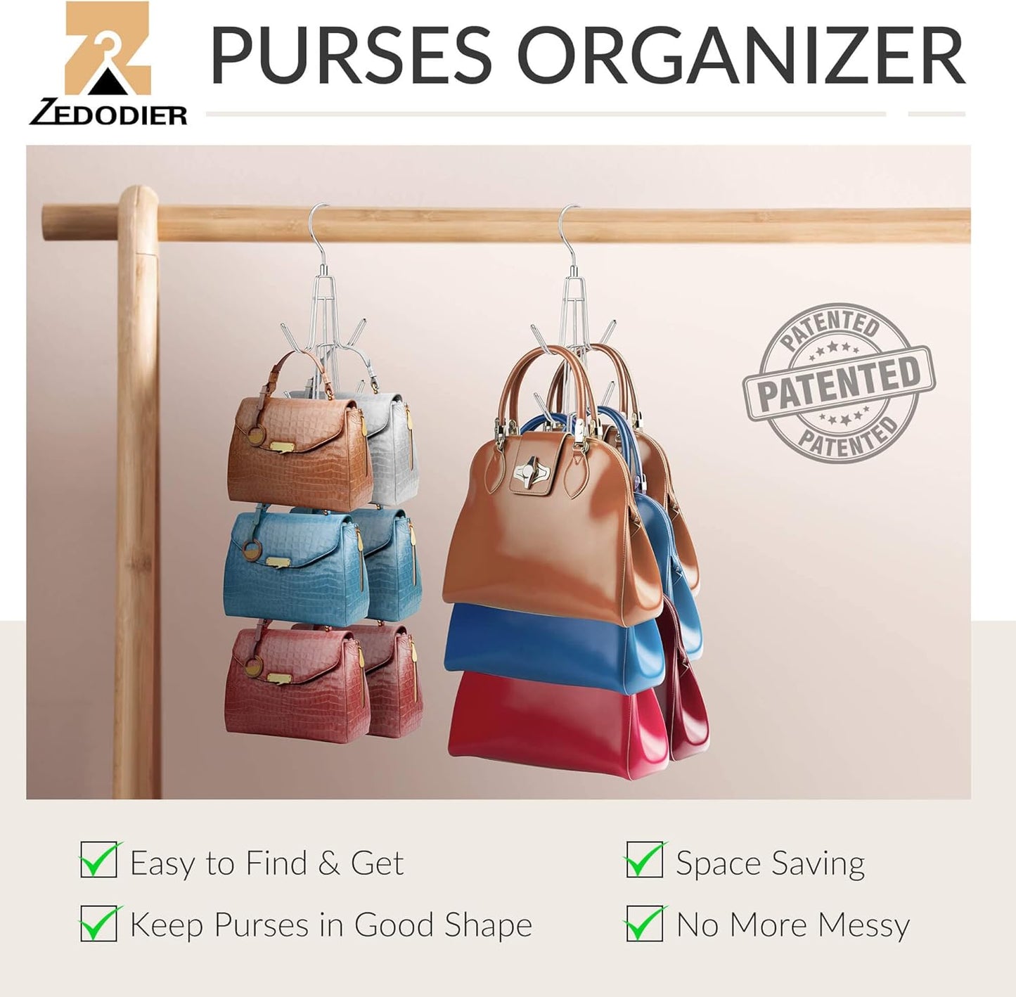 ZEDODIER Purse Hanger Organizer for Closet, 2 Pack Hanging Bag Holder, Keeping Purses Visible and in Good Condition, Metal Handbag Storage Hook Backpack Rack Space Saving Hanger, Silver - TrendyLookz