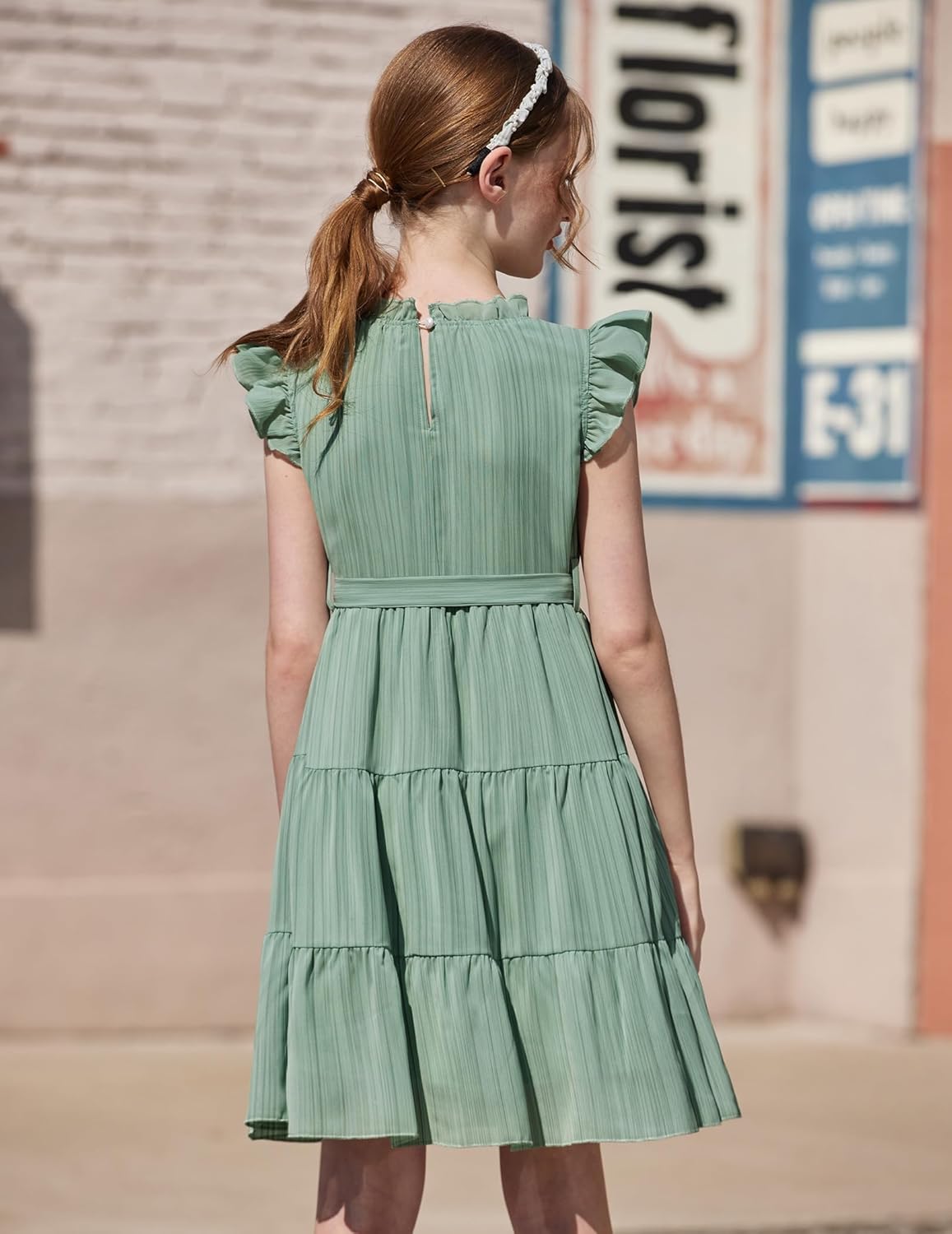 Arshiner Tween Girls Summer Dress Formal Ruffle Sleeve A Line Casual Elegant Dresses with Belt