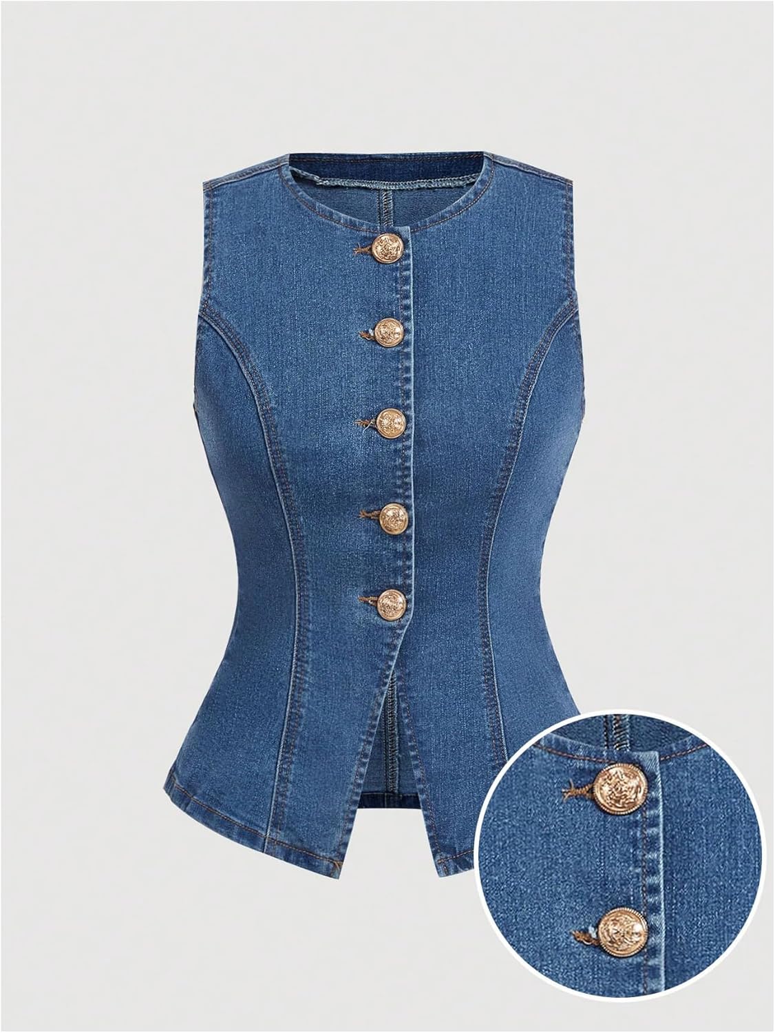 MakeMeChic Women's Denim Vest Top Summer Button Down Sleeveless Jean Jacket Crew Neck Waistcoat