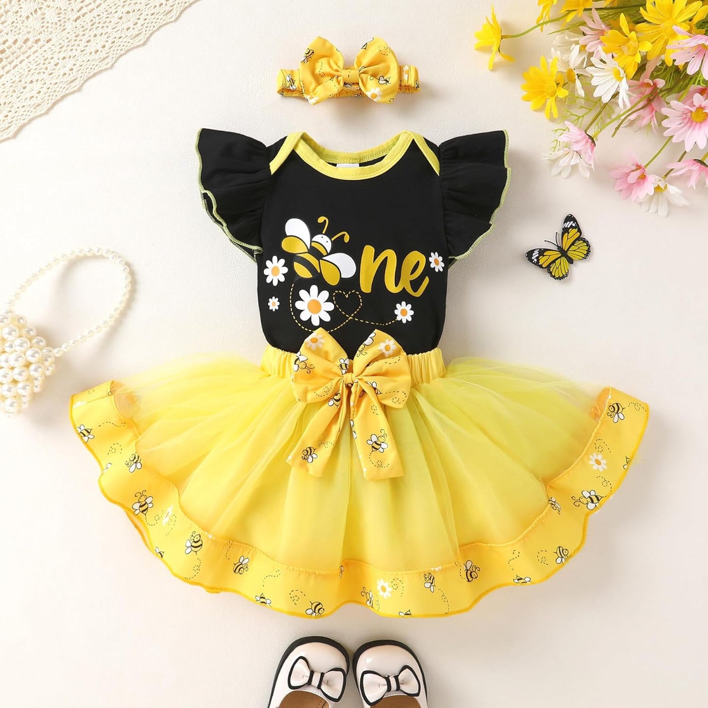 YOUNGER TREE Baby Girls 1st Birthday Outfit ONE Romper Tulle Tutu Skirt with Headband Sets Baby First Princess Dress