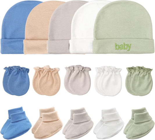 Newborn Baby Hats Mittens and Socks Set Cotton Infant Beanie Cap Socks Mittens for Newborn Baby Boy Girl 0-6 Month