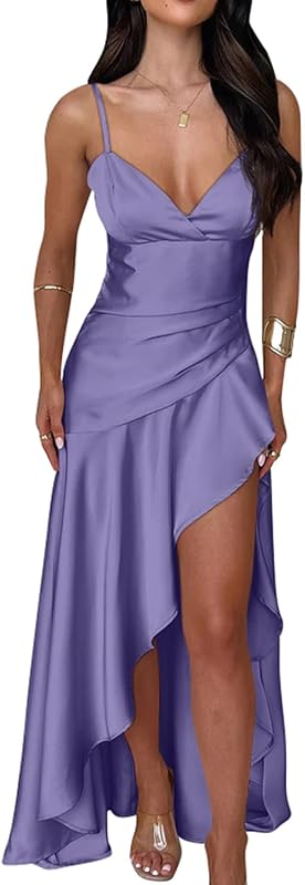 Memoriesea Women's Sexy Satin V Neck High Slit Ruffle Hem Party Evening Maxi Dress