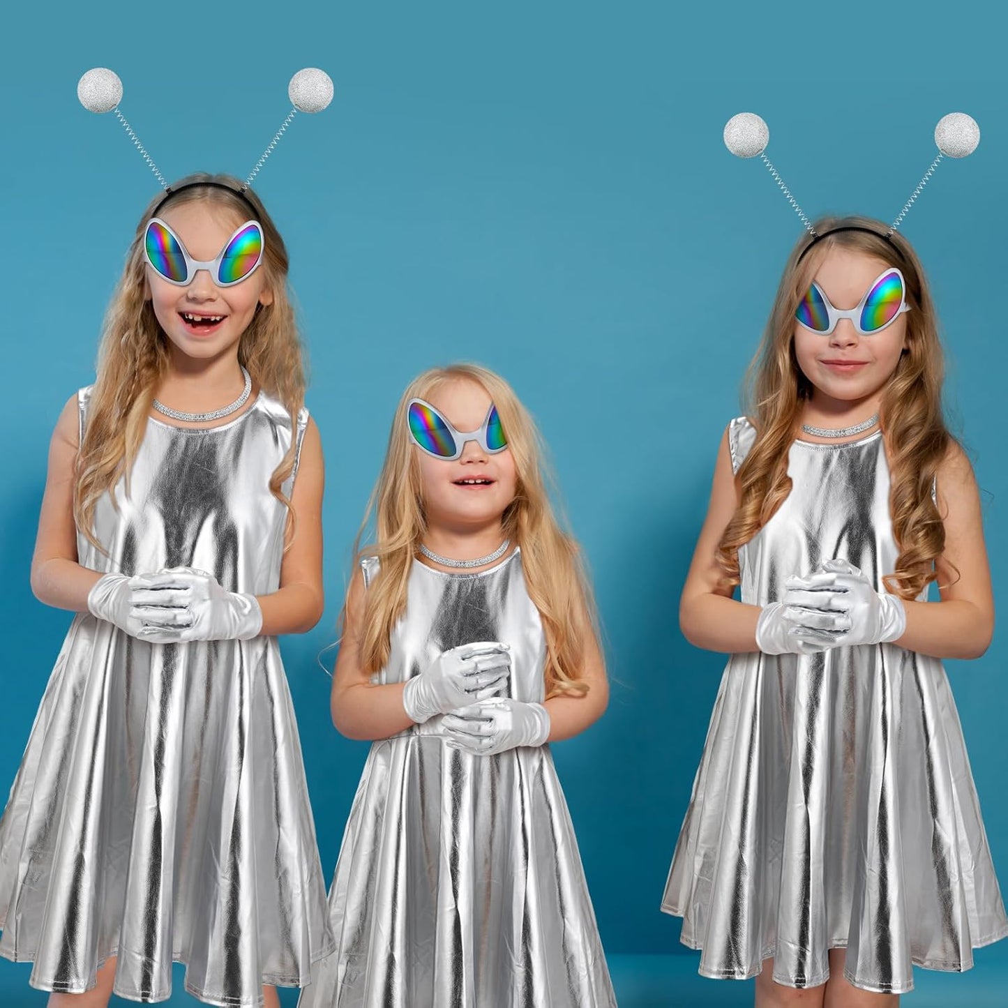 Xtinmee 5 Pcs Halloween Alien Costume Set Metallic Dress Sunglasses Necklace Headband for Girls Kids