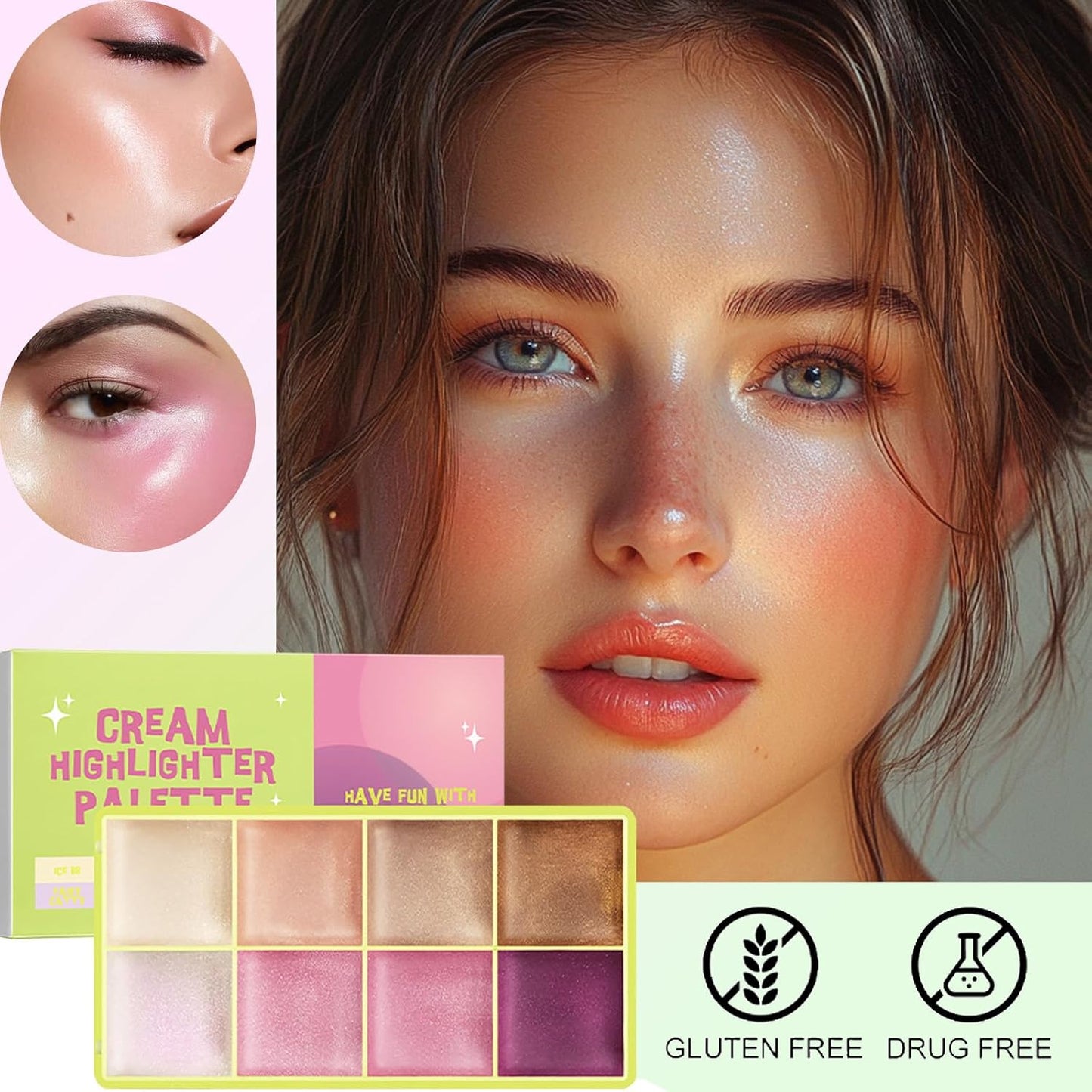 Highlighter Curve Comet Case, 8 Colors Cream Highlighter Shimmer Glow Silver Gold Blossom Glowy Finish Makeup Palette