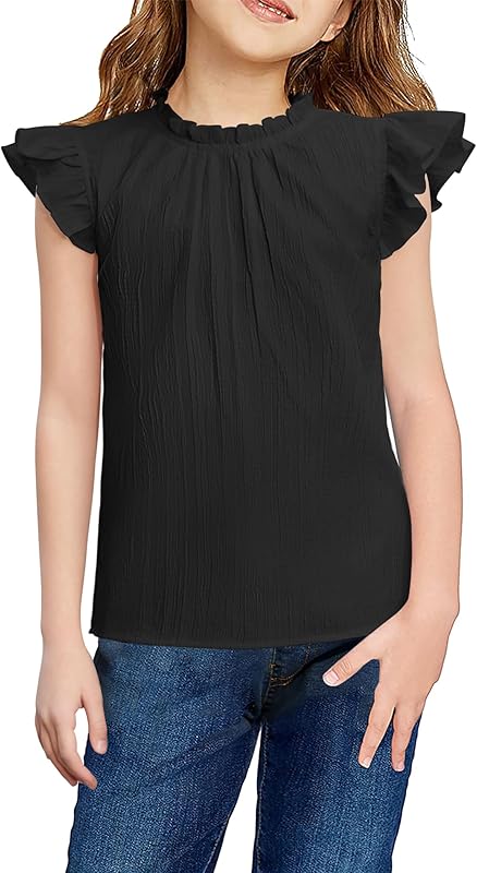 Arshiner Girls Ruffle Short Sleeve Shirts Cute Summer Frill Neck Pleated Textured Blouse Tops