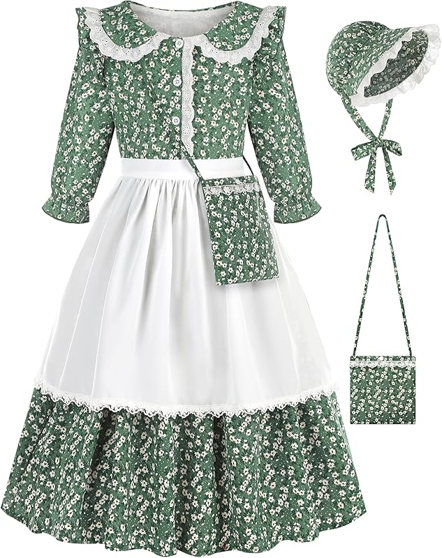Girls Pioneer Costume Floral Colonial Prairie Dress for Little Kids with Apron and Bonnet