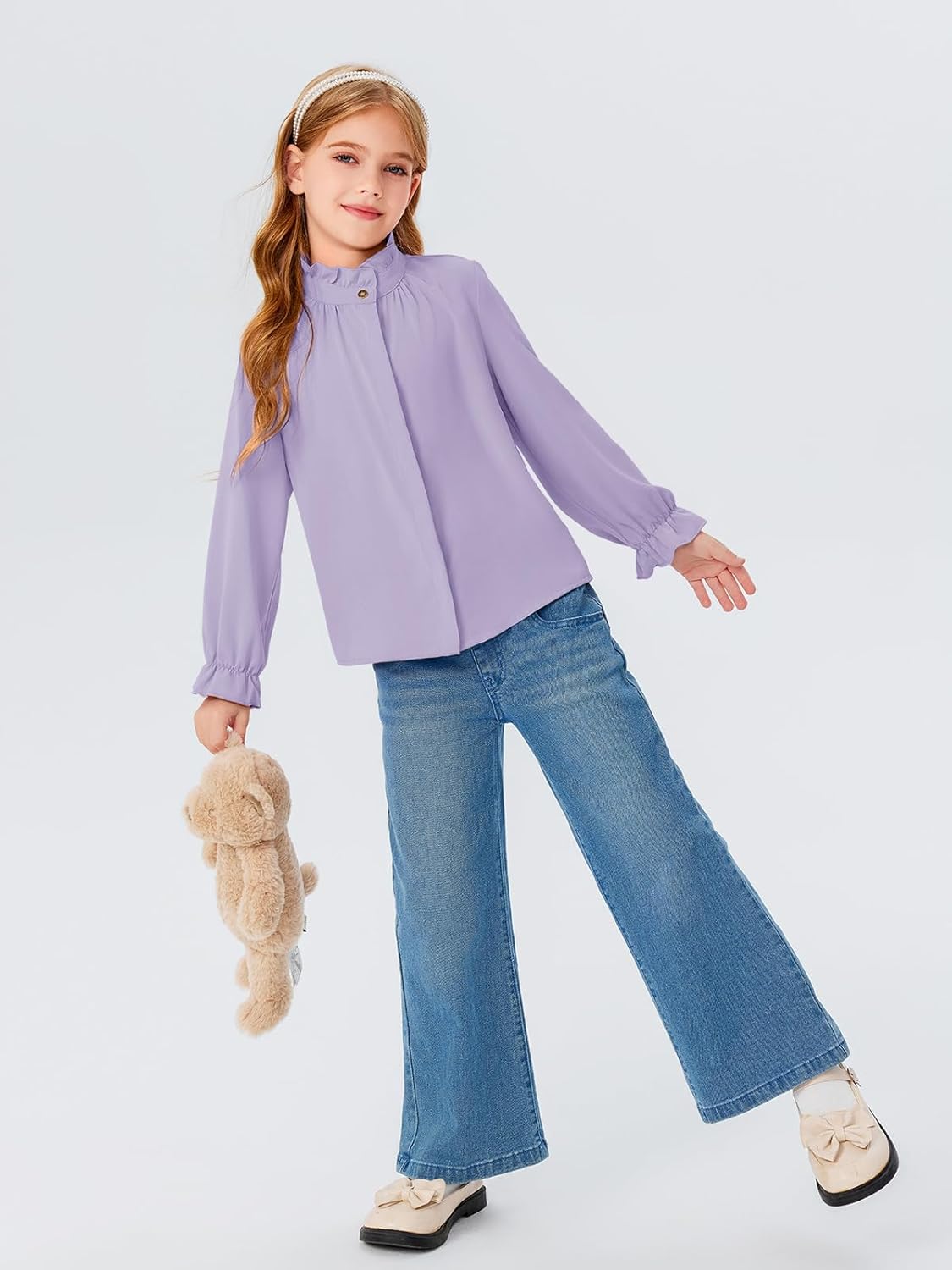 Haloumoning Girls Ruffle Long Sleeve Blouse Kids Button Down Uniform Dress Shirts 5-14 Years