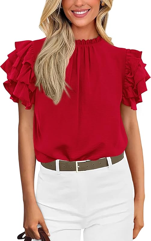 KIRUNDO Womens Blouse 2025 Spring Summer Dressy Casual Ruffle Short Sleeve Frill Mock Neck Work Shirt Tops Fashion Clothing