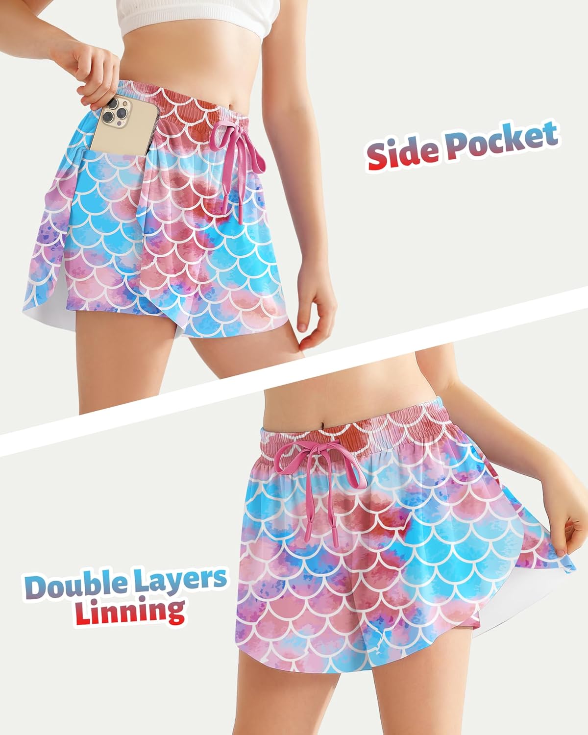 Girls Flowy Athletic Shorts with Pocket Kids Spandex 2 in 1 Drawstring Butterfly Skorts for Cheer, Dance, Running