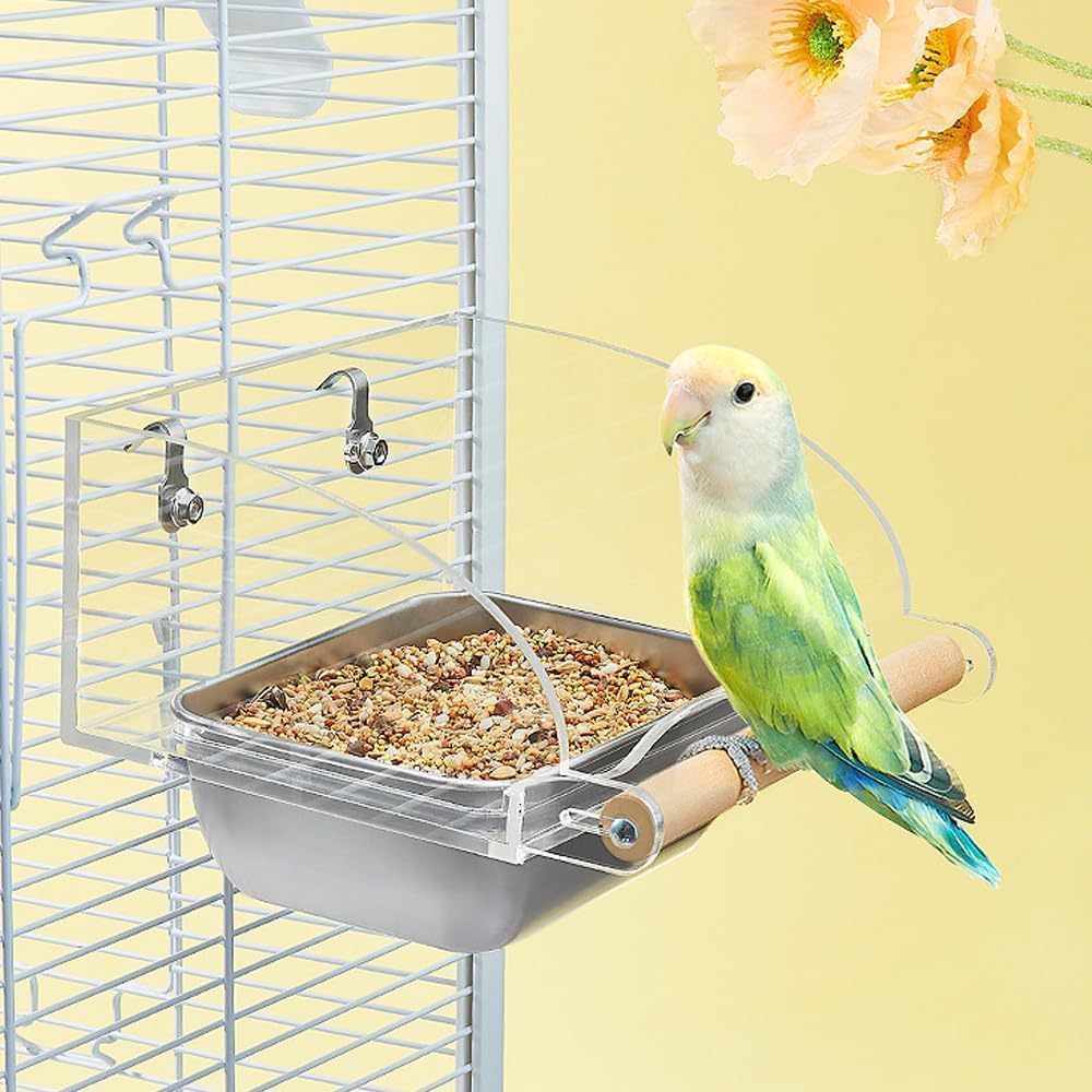 No Mess Bird Feeder for Cage with Perch,Bird Cage Seed Catcher with Anti-Slip Wodden Stand, Bowls Parakeet Feeder,Perfect for Psittacus Erithacu,Medium Parrot, Conures, Caiques & Small Cockatoos
