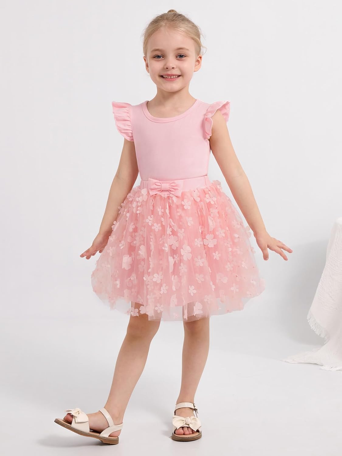 Naiyafly Girls Tulle Skirt Set Toddler Girls 2 Piece Outfits Kids Two Piece Ruffle Sleeve T-Shirt Bow Knot Tutu Dress Costume Birthday Party Outfit 3-8 Years