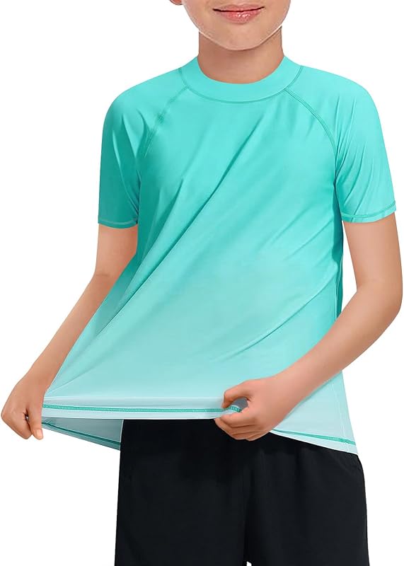 Haloumoning Boys Gradient Rash Guard Swim Shirt Short Sleeve UPF+ 50 Sun Shirts for Kids Rashguard Water Shirts