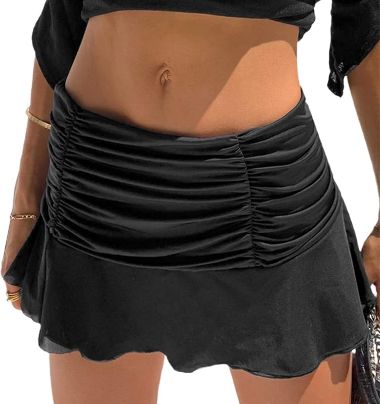 NUFIWI Women Girls Sexy Lace Mesh Skirt Ruffle Pleated Patchwork Mini Tennis Skirt Harajuku Y2K Style