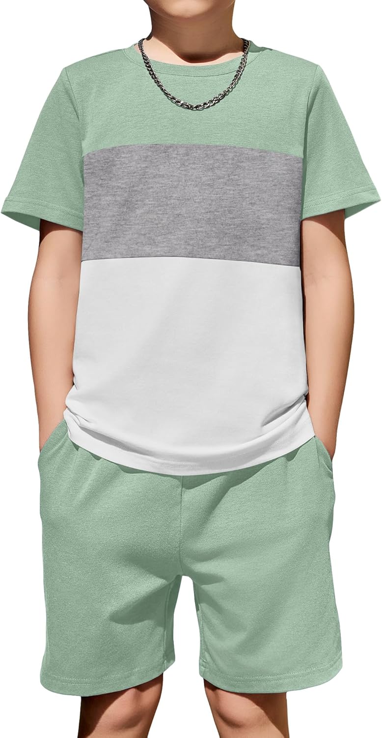 Arshiner Boys' 2-Piece Cotton Outfit Color Block T-Shirt and Shorts Set Casual Summer Clothes for Kids 6-14 Years