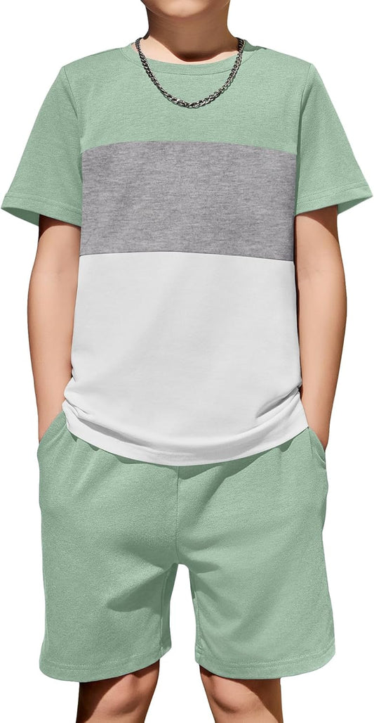 Arshiner Boys' 2-Piece Cotton Outfit Color Block T-Shirt and Shorts Set Casual Summer Clothes for Kids 6-14 Years