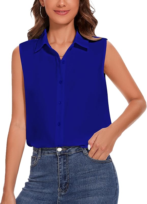 YAMANMAN Womens Sleeveless Button Down Shirt Classic Collared Blouse Basic Tank Tops Work Office Chiffon Tops