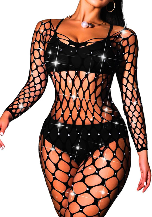 Fishnet Jumpsuit Fits All Size, Rave Outfits Sparkly Rhinestone, Sexy Exotic Dancewear For Women Plus Size