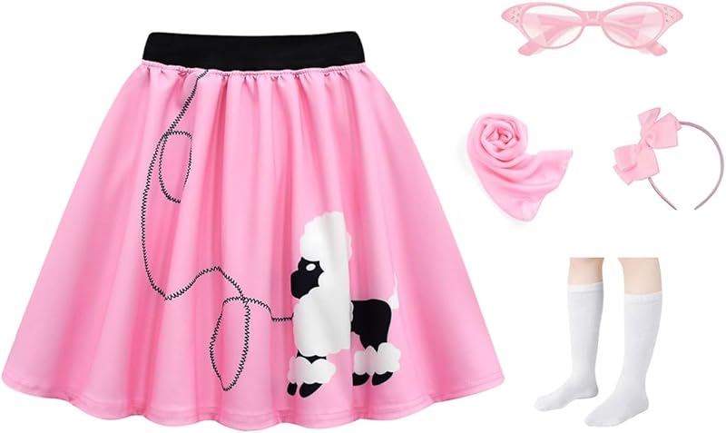 50s Costumes for Girls Kids Poodle Skirts with 4pcs Accessories, 9-12Y