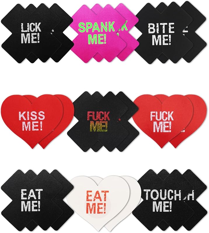 Pasties Sexy Nipple Covers 9 Pack Fun Pasty Pack for Rave Party Goth Lingerie Heart X Breast Petals with Words