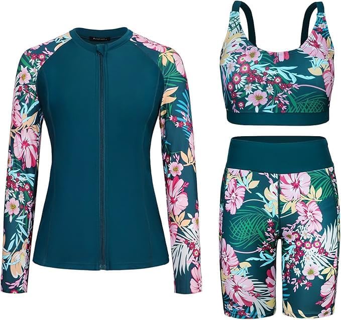 Arolina Womens Rash Guard Long Sleeve Swim Shirts Swimsuit 2025 Bathing Suit with Womens Swim Shorts & Two Pockets