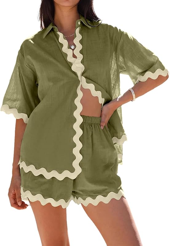 Danedvi Womens 2 Piece Outfits Beach Vacation Summer Short Sleeve Button Down Shirts and Shorts Lounge Sets