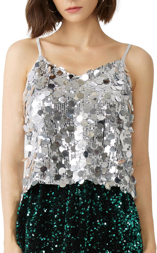 Women's Sequin Tops - V-Neck Sparkle Tank Tops - Spaghetti Strap Shimmer Camisole Party Club Cocktail Cami