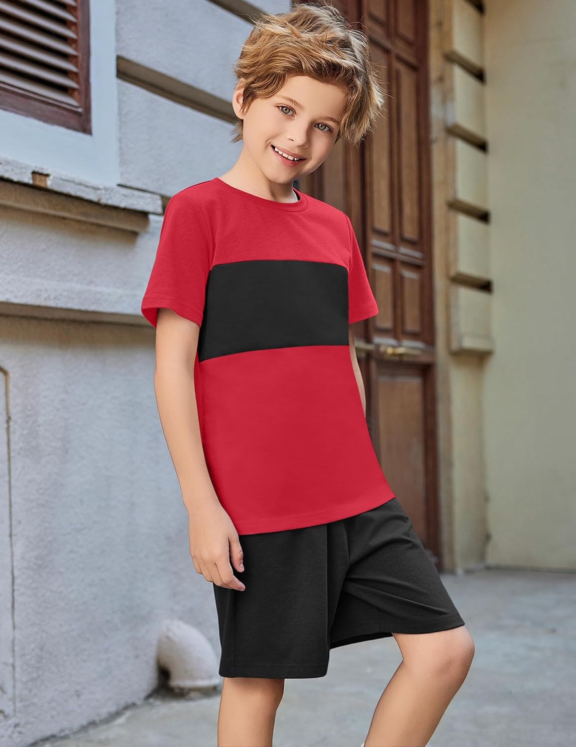 Arshiner Boys' 2-Piece Cotton Outfit Color Block T-Shirt and Shorts Set Casual Summer Clothes for Kids 6-14 Years