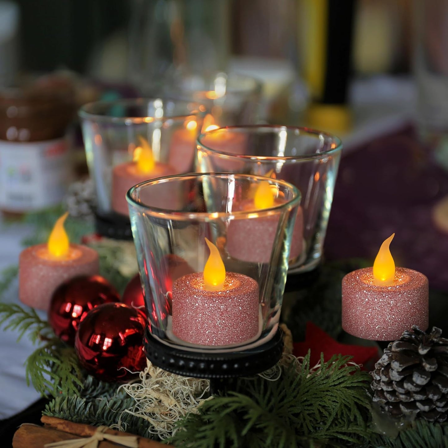 FURORA LIGHTING Pink Glitter LED Tealight Candles Pack of 12, Flameless Flickering Tealight Candles for Home Décor, 1.5’’(W) x 1.65’’(H), Battery Operated