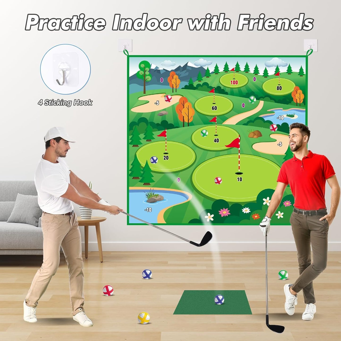 VATOS Golf Chipping Game Mat with Club, Golf Practice Mats Golf Training Mat Indoor Outdoor for Kids Adults Family, Golf Hitting Mat with 20 Balls, Play Equipment Stick Chip Golf Set Backyard Game