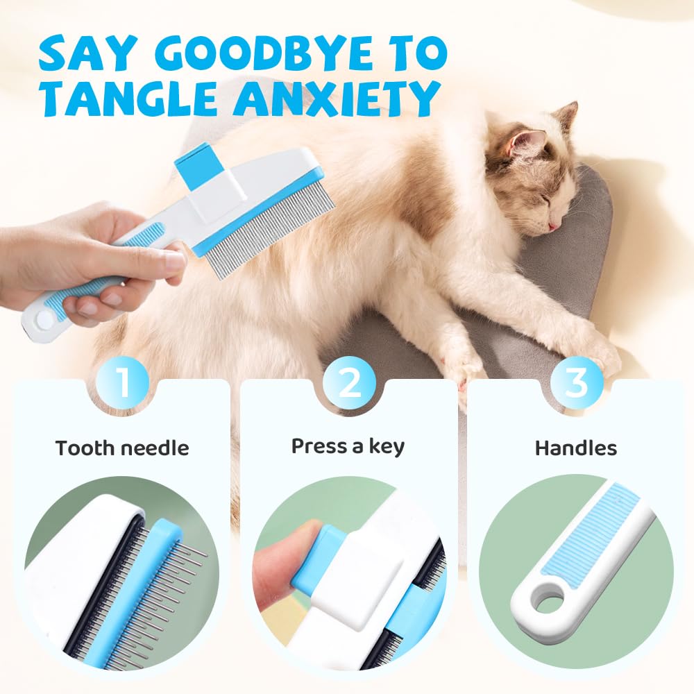 Pet Hair Removal Comb Flea Comb, Cat Brush with Release Button, Cat Grooming Brushes for Indoor Cats Shedding, Cleaning Shedding Pet Hair Remover for Dogs Cats Pet Grooming Brush Tool (Blue, 1PC)