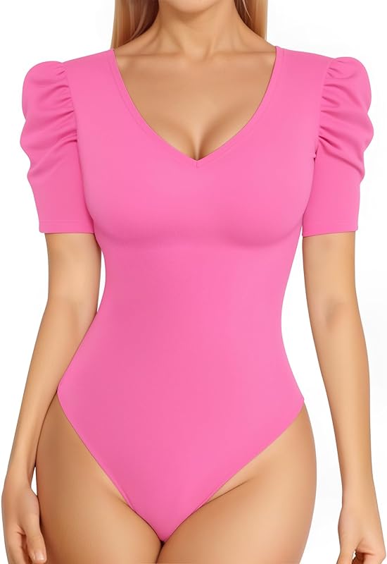 MANGOPOP Women's Bodysuit Deep V Neck Puff Short Sleeve Slim Fit Body Suits Casual Blouse Tops Elegant