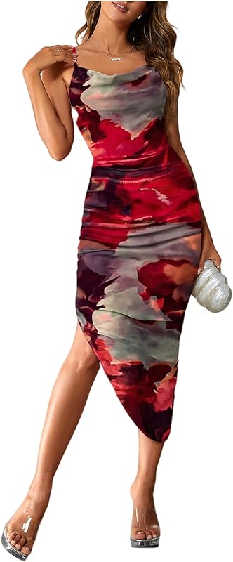 SOLY HUX Women's Tie Dye Cowl Neck Split Hem Bodycon Cami Dress Backless Long Dresses