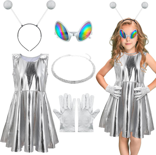 Xtinmee 5 Pcs Halloween Alien Costume Set Metallic Dress Sunglasses Necklace Headband for Girls Kids
